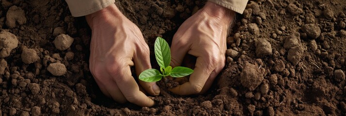 Close-up of hands planting a healthy green seedling into rich soil. The image portrays the concepts of growth, care, and sustainability, symbolizing new beginnings.