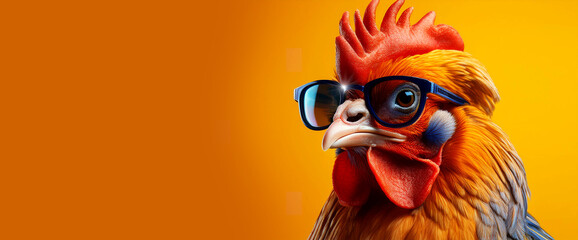 Portrait of handsome rooster with cool attitude wearing black dark sunglasses isolated on yellow-orange background with copy space. Funny fashionable animal ready for summer vacation. Generative Ai.