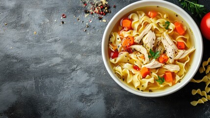 Wall Mural - Chicken noodle soup in a bowl. A perfect image for use in food blogs, recipe websites, or advertising.