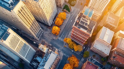 Wall Mural - Aerial a vibrant downtown area at midday, with busy streets, public squares, and high-rise buildings, capturing the energy and life of the city