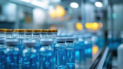 Wall Mural - Close-Up of Laboratory Vials with Blue Liquid on a Stainless Steel Surface in a Modern Scientific Research Facility