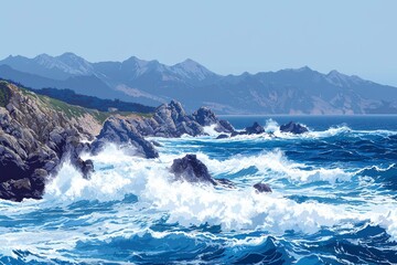 Poster - Crashing Waves Against Rocky Coastline with Mountain Range in the Distance