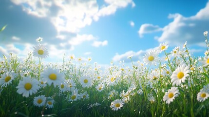 Poster - A beautiful sundrenched spring summer meadow Natural colorful panoramic landscape with many wild flowers of daisies against blue sky A frame with soft selective focus : Generative AI