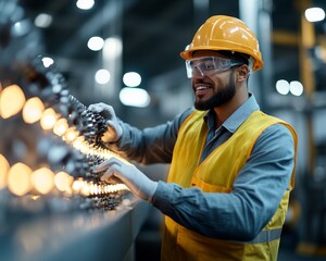 Wall Mural - A worker in a safety helmet and vest operates machinery in a modern industrial setting, ensuring efficiency and safety.