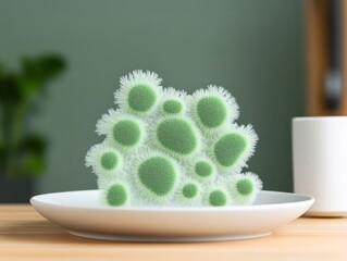 Abstract green organic shape on a white plate, against a green background.