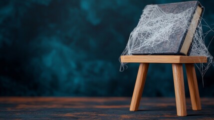 halloween advertisement display with spooky book and cobweb decor on wooden stool with rustic blue background.