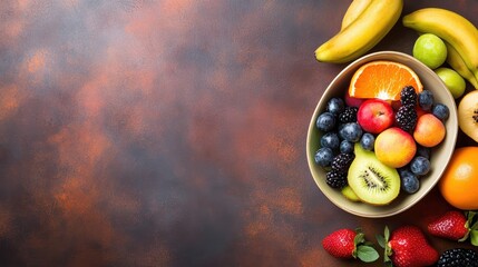 a bowl of fresh fruit on a rustic table, with vibrant colors and natural textures, symbolizing health and vitality