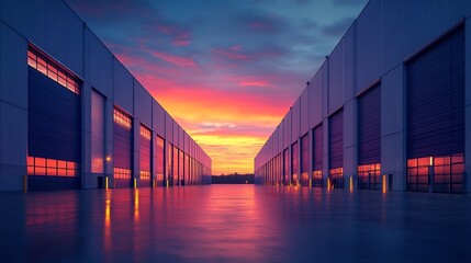 Aufkleber - Modern Industrial Warehouse at Sunset with Clear Sky : Generative AI