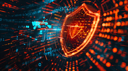 Network secuity shield protection. Digital data cybersecurity intrusion shield protection. Fraud alert, spoofing, phishing proetction. Data antivirus with binary code background