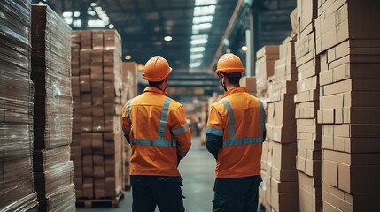 Aufkleber - Professional worker team in safety uniform supervisor inspector in packaging stock order at cardboard factory warehouse piles of stacking paper manufacture recycling industrial product : Generative AI