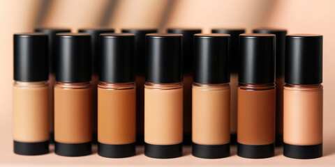 Cosmetic foundation cream bottles of different skin tone colors on simple background with copy space. Packaging template