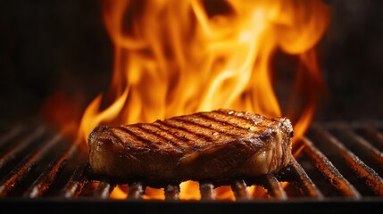 a close-up shot of a juicy steak being seared on a hot grill, with flames and grill marks adding to the visual appeal