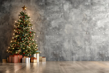decorated christmas tree and gifts boxes over wall
