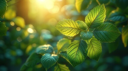 Wall Mural - A close-up photograph of sunlit green leaves in a lush forest setting.