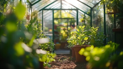 Wall Mural - View at the inside of a small greenhouse in a garden : Generative AI