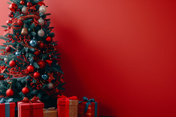 Wall Mural - decorated christmas tree and red gifts over red background