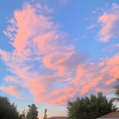 Poster - A vibrant pink and blue sunset sky with clouds and trees in the foreground.