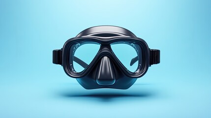 A black scuba diving mask with water droplets on the lenses, isolated on a blue background. The mask is a symbol of adventure and exploration.