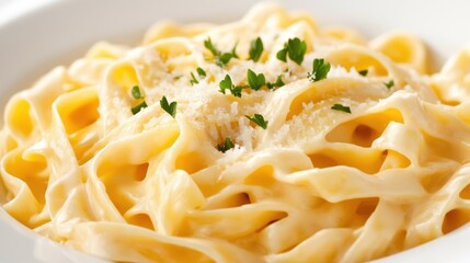 a creamy pasta dish with fettuccine noodles coated in a rich Alfredo sauce, garnished with parsley and freshly grated Parmesan cheese