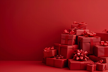 Wall Mural - heap of red gifts on red background with copy space