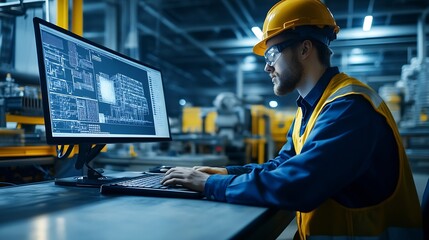 Fototapete - Engineer foreman thinking and working with computer laptop connecting to controlling machine at the manufacturing factory Technician maintenance system or developing machinery : Generative AI