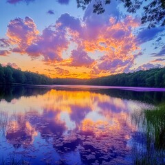 Wall Mural - A vibrant sunset over a calm lake, with colorful clouds reflected in the water.