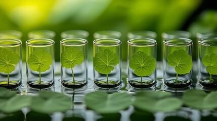 Poster - Green Background Centella asiatica for Biological experiment presentation Centella asiatica leaves green water in biological test tubes Production of cosmetics based on Centella asiati : Generative AI