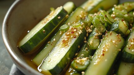 Sticker - Closeup of Seasoned Leek Cucumber with seasonings on white dish and cloth South Korea : Generative AI