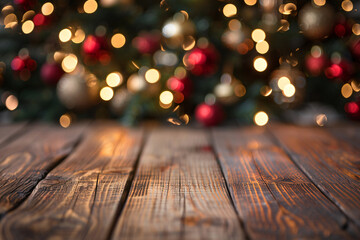 Wall Mural - empty wooden table with copy space and decorated christmas tree on background