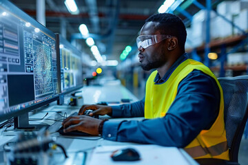 engineer creating 3d cad model design on computer in factory