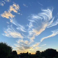 Wall Mural - A vibrant sunset sky with wispy clouds forming a dramatic pattern over a silhouetted tree line.