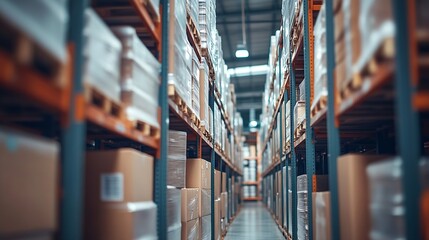 Aufkleber - Blurred Warehouse Space Tall Shelf Storage Warehouse Package Boxes Supplies Supply Chain Shipment Goods Distribution Warehouse Shipping Logistics : Generative AI