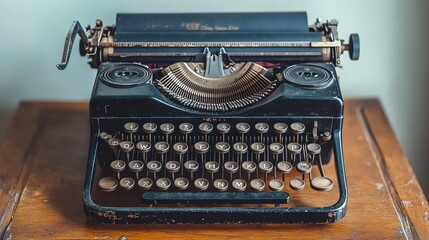 Wall Mural - Vintage typewriter on a wooden table, ready to write.