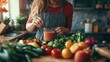 © The Little Hut - Mature woman with fresh vegetables and fruits making healthy smoothie in kitchen : Generative AI