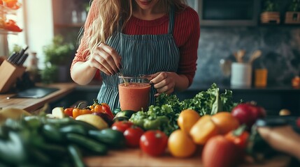 Wall Mural - Mature woman with fresh vegetables and fruits making healthy smoothie in kitchen : Generative AI