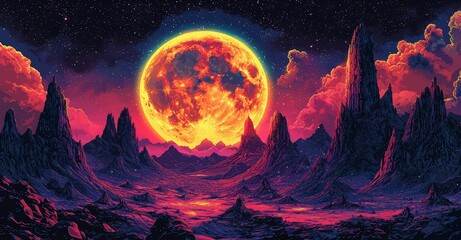 A psychedelic illustration of the moon and Earth, with red mountains