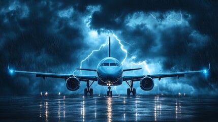 A white airplane flying through a stormy, cloudy sky with blue lightning bolts. The dramatic and hazardous weather poses a risk during the commercial flight.