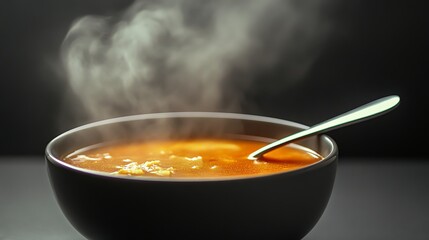 A steaming bowl of soup with a spoon resting on the rim.