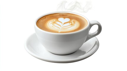 A cup of steaming coffee with latte art on a white background.