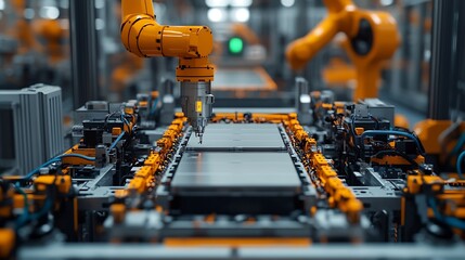 Poster - Front View Electric Car Battery Manufacturing Line Industrial Robot Arms Assemble LithiumIon EV Battery Pack Inside Automotive Smart Factory White Robotic Arms at Automated Production  : Generative AI