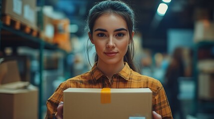 Portrait of a businesswoman holding a box and typing something on a keyboard while preparing package information Postal service and small business concept : Generative AI