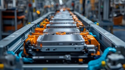 Poster - LithiumIon EV Battery Pack Assembly Process Electric Car Manufacturing Inside Automotive Factory Row of Industrial Robotic Arms at Automated Production Line at Bright Modern Factory : Generative AI