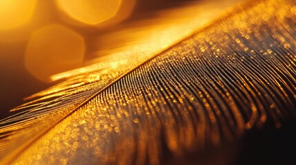 A close-up of a feather barbs illuminated by a soft, golden light, creating a warm and inviting feel