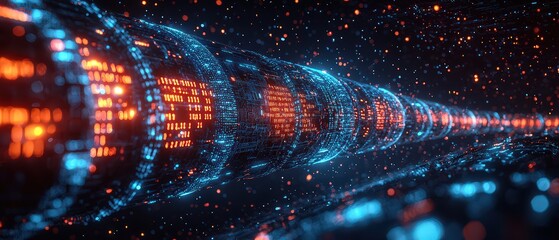 A digital representation of an advanced data cable system, with glowing blue binary code flowing through the tubes and holographic projections displaying complex software elements