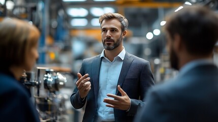 Young businessman discussing with colleagues in factory : Generative AI