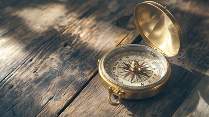 vintage compass on wooden surface with sunlight shining through.