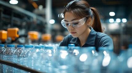 Fototapete - Factory woman worker checking water bottles in the warehouse at the industrial factory Female worker recording data at the beverages manufacturing line production : Generative AI