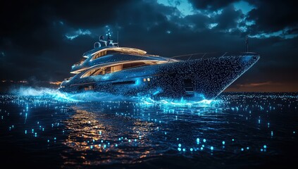 Wall Mural - A digital yacht in the ocean, surrounded by glowing blue data points and network connections, symbolizing advanced technology for luxury travel on waterways. 