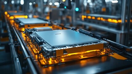 Poster - Lithiumion Highvoltage Battery Component for Electric Vehicle or Hybrid Car Battery Module for Automotive Industry on Production Line High Capacity Battery Production inside a Factory : Generative AI