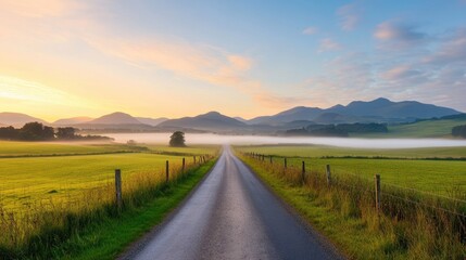 Poster - a peaceful rural road at dawn, with mist rolling over the fields on either side, and the road leading towards distant hills, captured in first person point of view